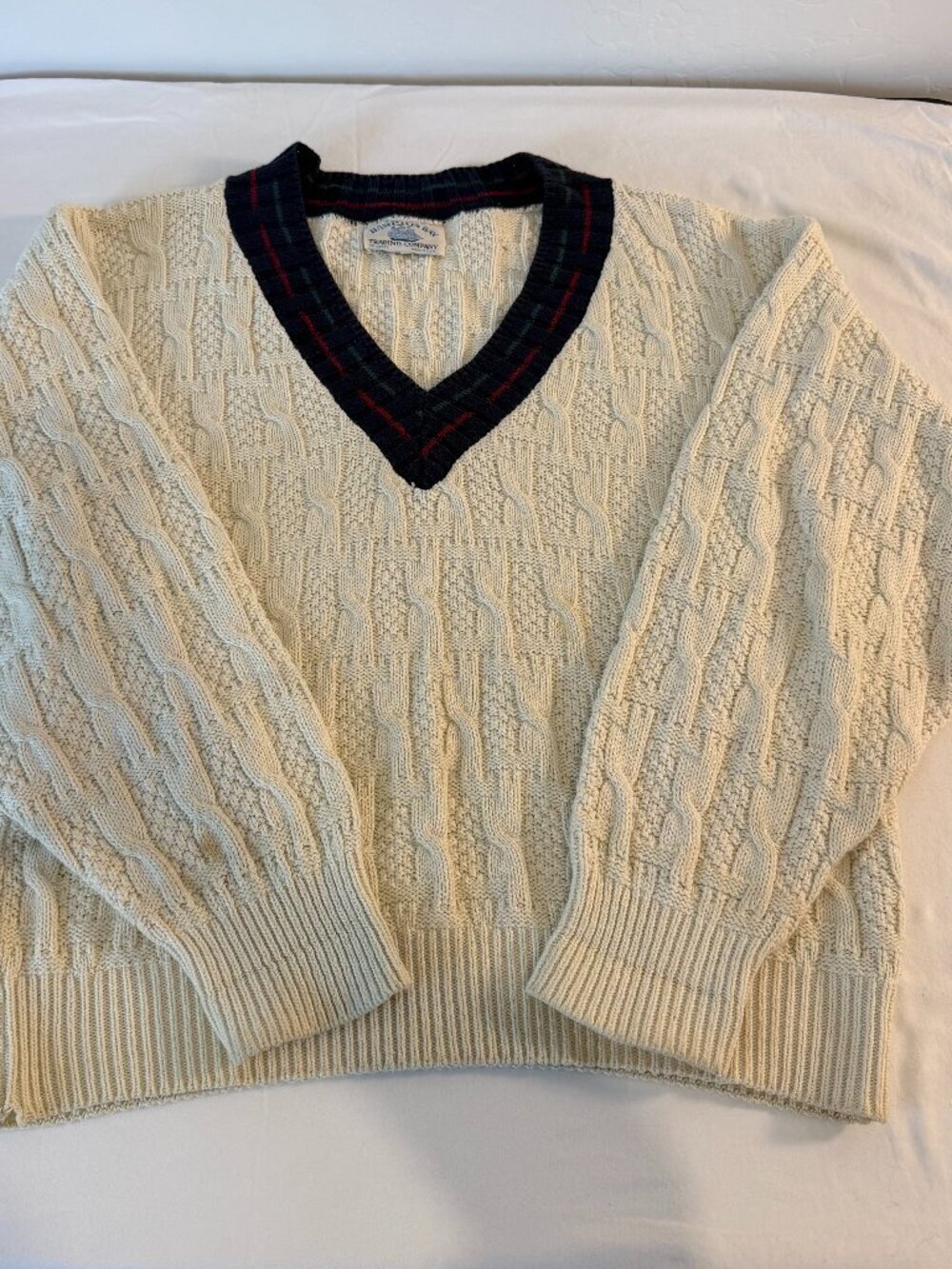 Vintage Hampton Bay Trading Co Cable Knit Sweater Mens L 100% Cotton USA V Neck